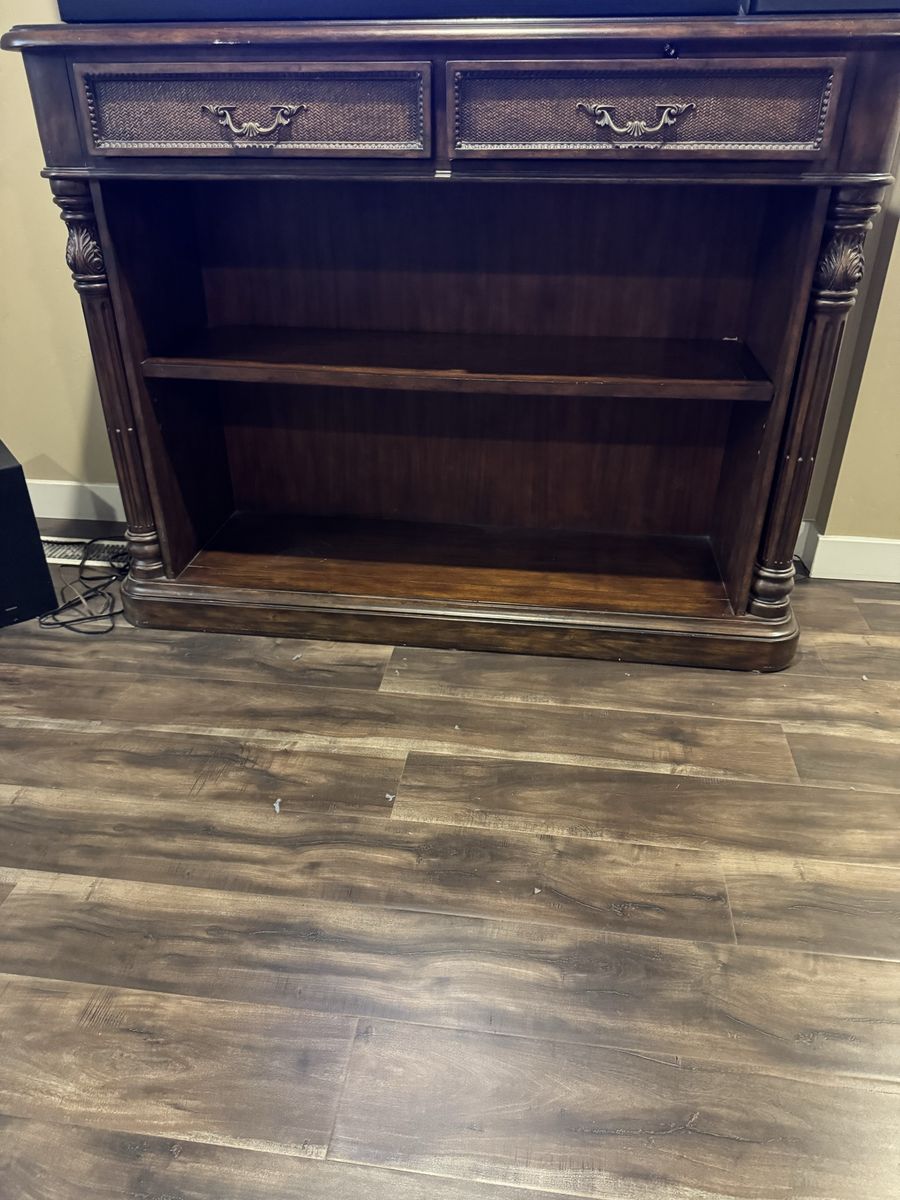 Classic Dark Wood TV Stand/Book Shelf with 2 Drawers and 2 Shelves - Ornate Carved Details