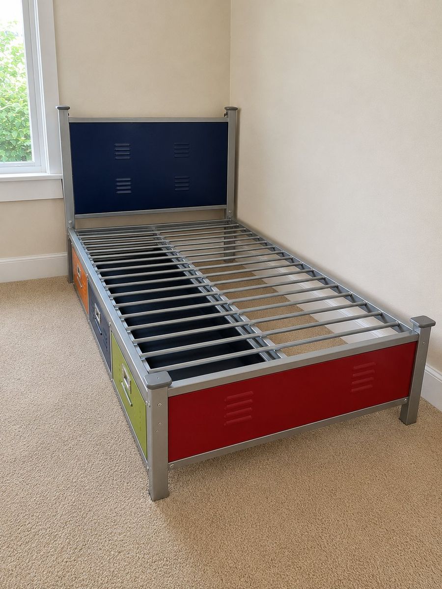  PRICE DROP Twin Size Metal Bed Frame with 3 Colorful Locker Drawers, Navy locker headboard and Red footboard 