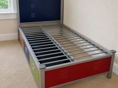 PRICE DROP Twin Size Metal Bed Frame with 3 Colorful Locker Drawers, Navy locker headboard and Red footboard