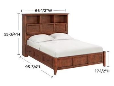 Wooden Queen Platform Bed Frame with Bookcase Headboard & Storage Drawers - Excellent Condition