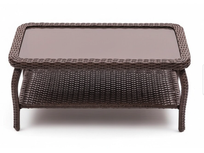 New in Box Brown Metal & Wicker 39 in. Outdoor Coffee Side Dining Table with Tempered Glass Top