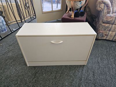 White Wooden Shoe Storage Cabinet with Drop-Down Shelves