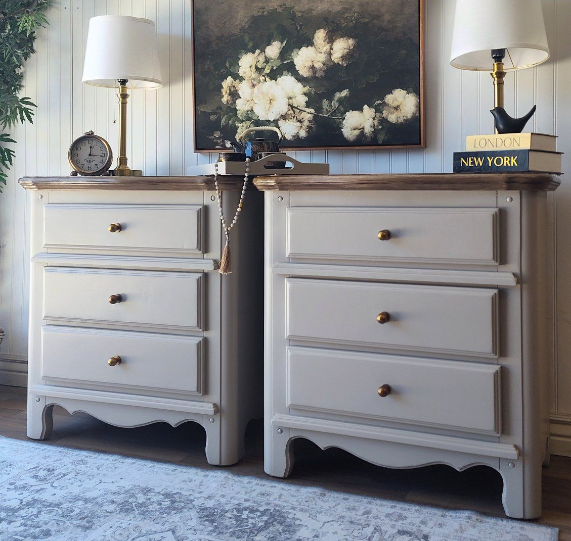 Large Taupe & Walnut 3 Drawer Nightstands