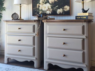 Large Taupe & Walnut 3 Drawer Nightstands