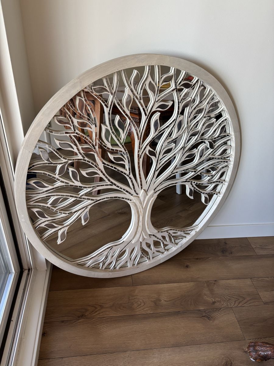 Large Round Wood & Mirror Tree of Life Wall Art Decor - Intricate Carved Design