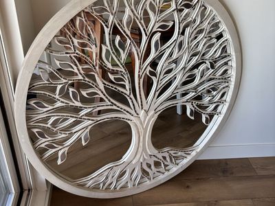 Large Round Wood & Mirror Tree of Life Wall Art Decor - Intricate Carved Design