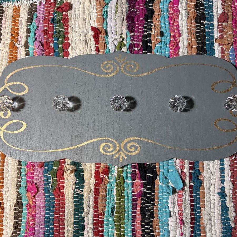 Decorative Wall Hook Rack Gray with Gold Scrollwork and Cute Knobs