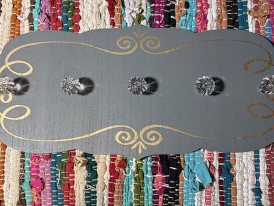 Decorative Wall Hook Rack Gray with Gold Scrollwork and Cute Knobs