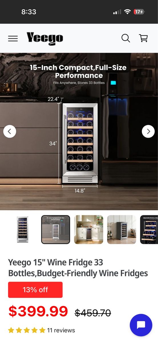 Yeego 15” Wine Fridge 33 Bottles