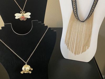 NEW! Cinderellas Golden 3D Carriage Locket - Colorful Enamel Bee - Black Choker w/ Golden Chain Fringe $15-$20