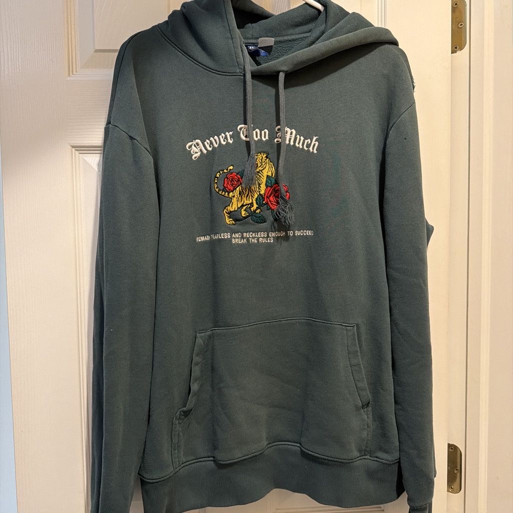 H&M Never Too Much Tiger & Rose Embroidered Hoodie - Men's/Unisex Green Large