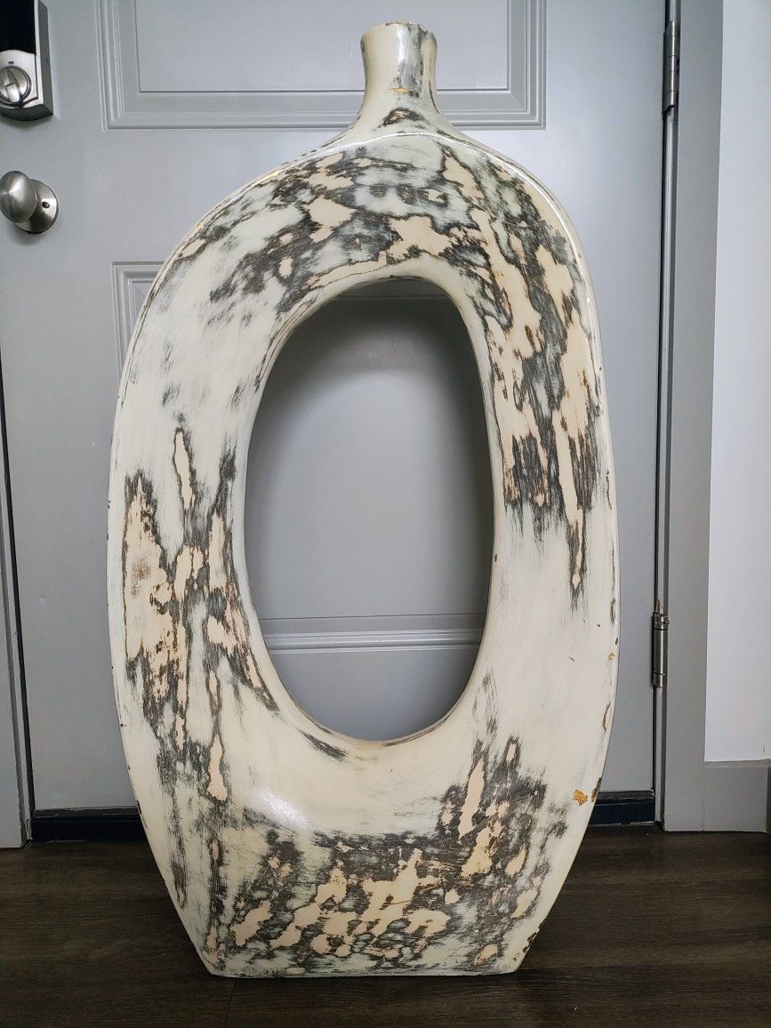 Large Decorative Abstract Floor Vase - Distressed White & Black Finish