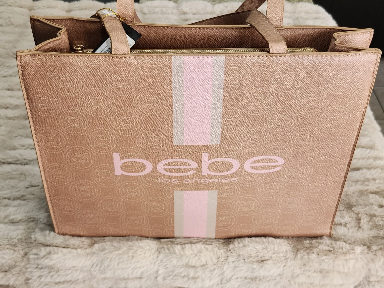 NWT Bebe Tan & Pink Vegan Leather Large Tote Bag