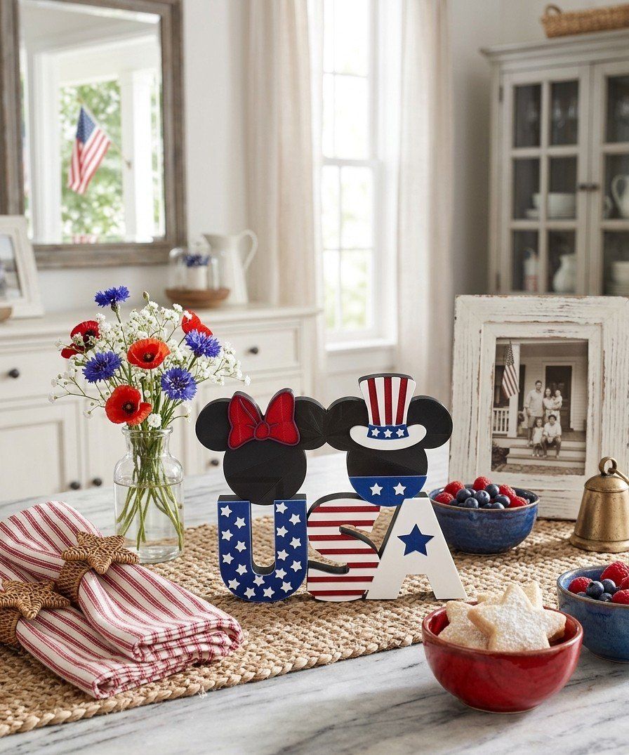 Mickey & Minnie Mouse Patriotic USA Block Decor - Fourth of July Disney Home Decoration