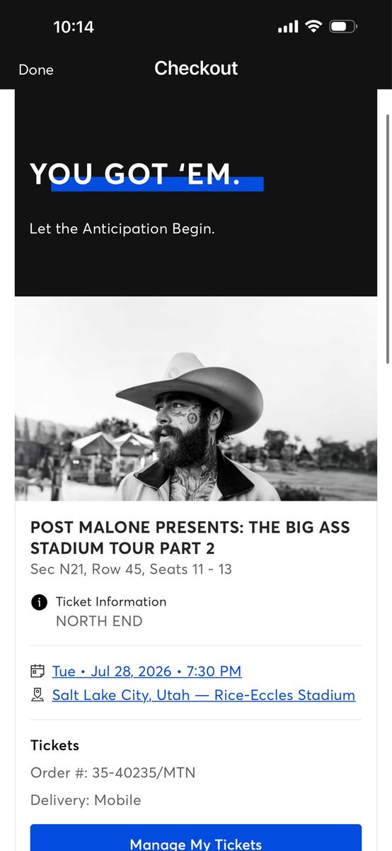 3 Post Malone Tickets for sale, July 28th