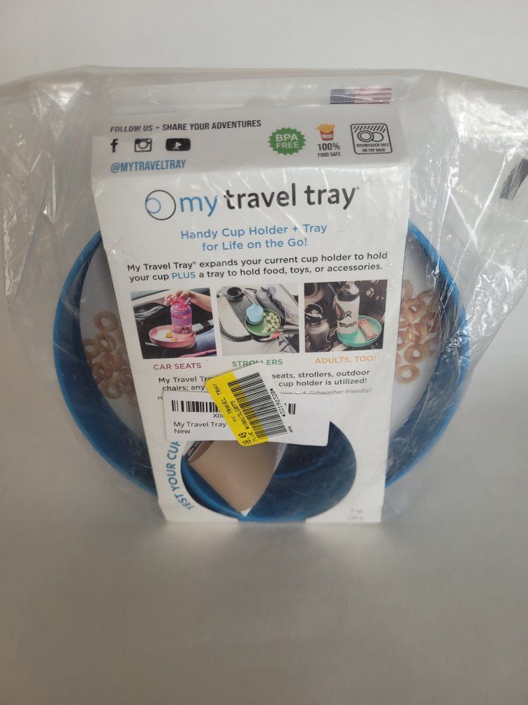 My Travel Tray Handy Cup Holder + Tray for Car Seats, Strollers & Adults - BPA Free, Food Safe, Blue