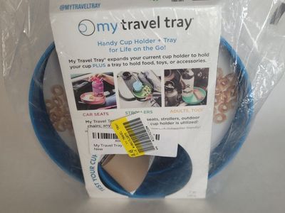 My Travel Tray Handy Cup Holder + Tray for Car Seats, Strollers & Adults - BPA Free, Food Safe, Blue