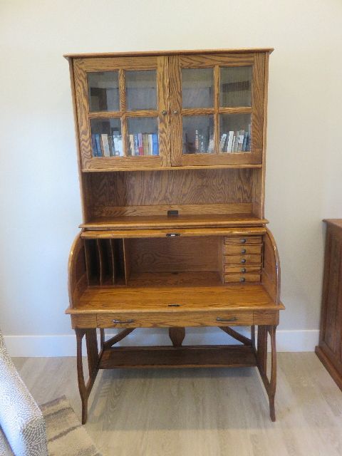 SOLID RED OAK HANDMADE IN SLC ROLL TOP DESK AND BOOKCASE SYSTEM - MADE BY THE WOOD REVIVAL DESK COMPANY