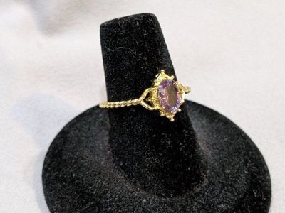 Gold-Tone Adjustable Open Band Ring with Oval Purple Faux Gemstone