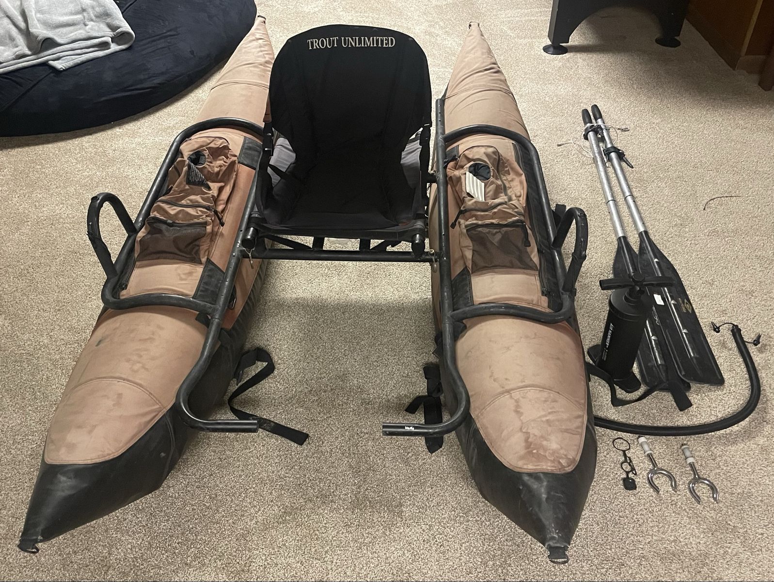 Trout Unlimited Inflatable Pontoon Fishing Boat with Oars, Pump, and Frame need gone ASAP