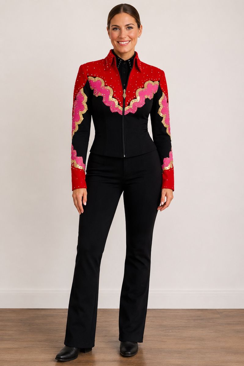 Susan Lunenfelt Western Show Jacket 3 piece outfit Red Black Pink Rhinestone Small Custom Like New!!