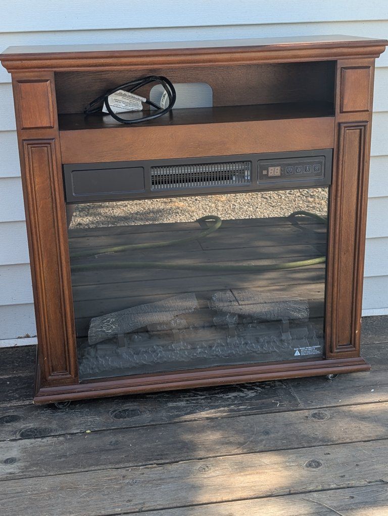 Electric Fireplace Mantel with Media Shelf, Realistic Flame Effect, Dark Wood Finish