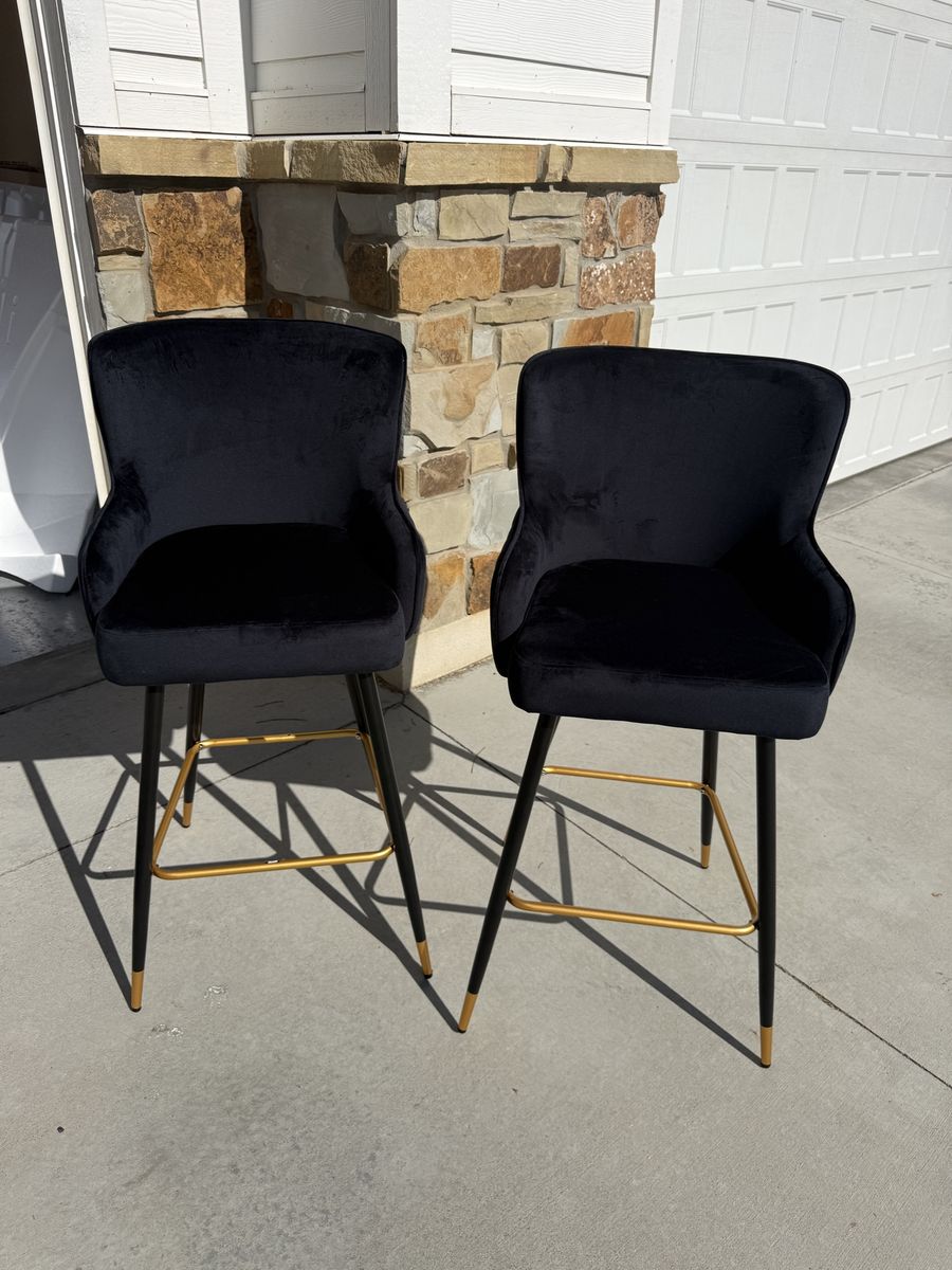 Maklaine Transitional Velvet Bar Stools, Black, Pleated, Gold-Tone Legs (Set of 2)