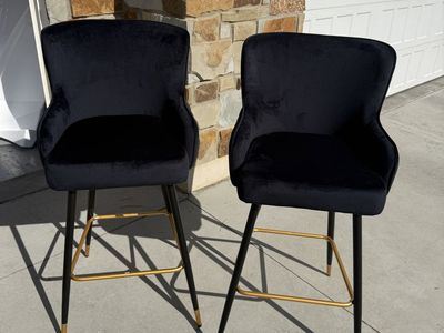 Maklaine Transitional Velvet Bar Stools, Black, Pleated, Gold-Tone Legs (Set of 2)