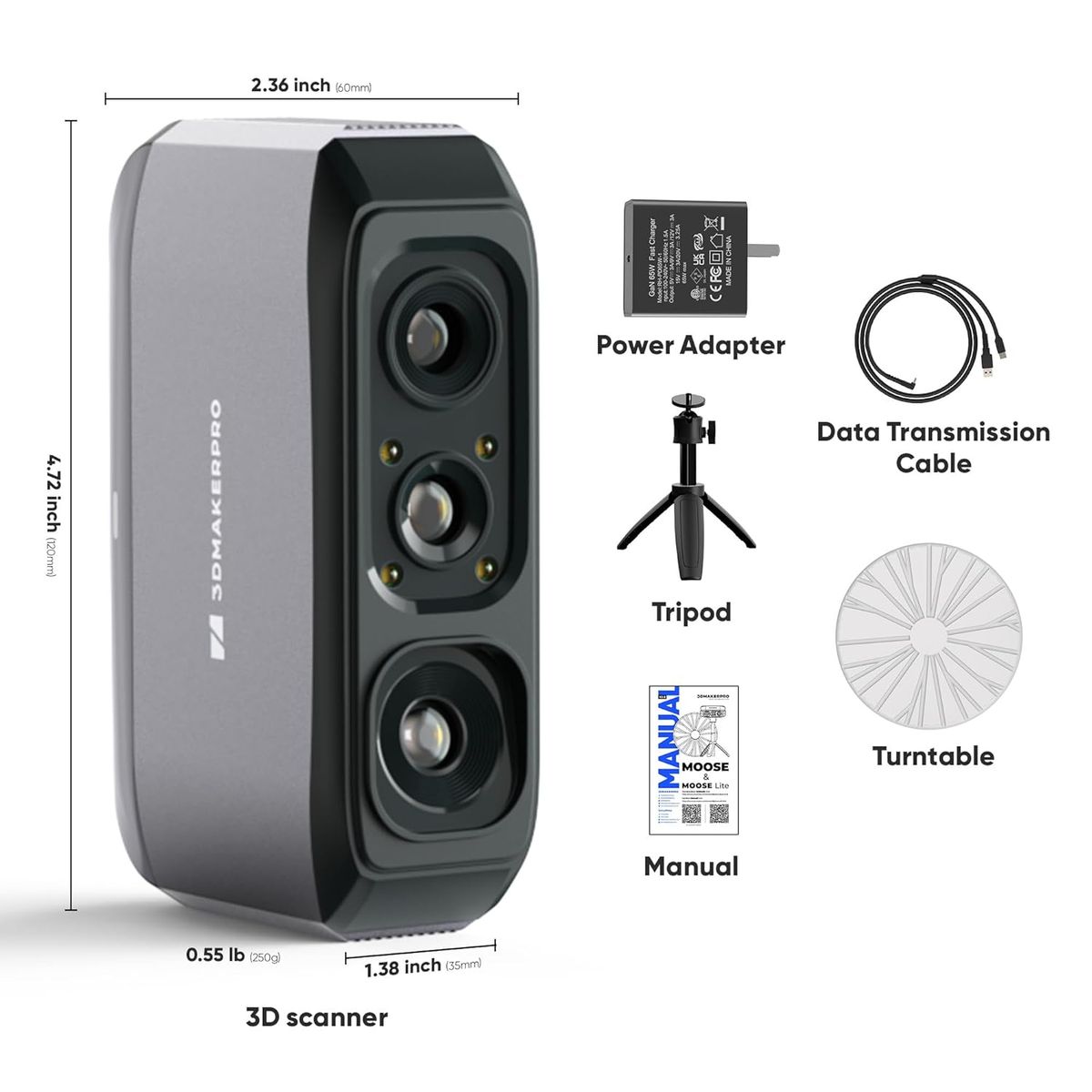 3DMakerpro 3D Scanner for 3D Printing - 0.05mm Precision - 10FPS - Moose Lite Premium Kit