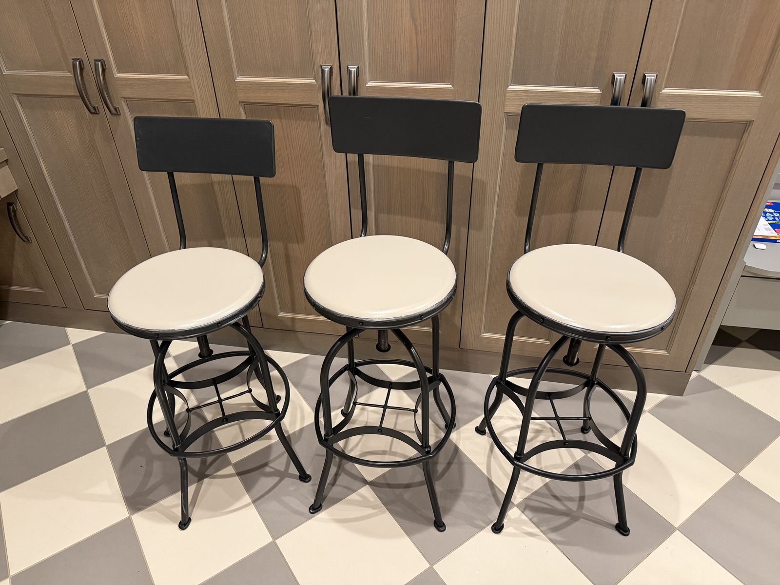 3 industrial-style bar stools, dark pewter, adjustable height, very comfortable wooden seat