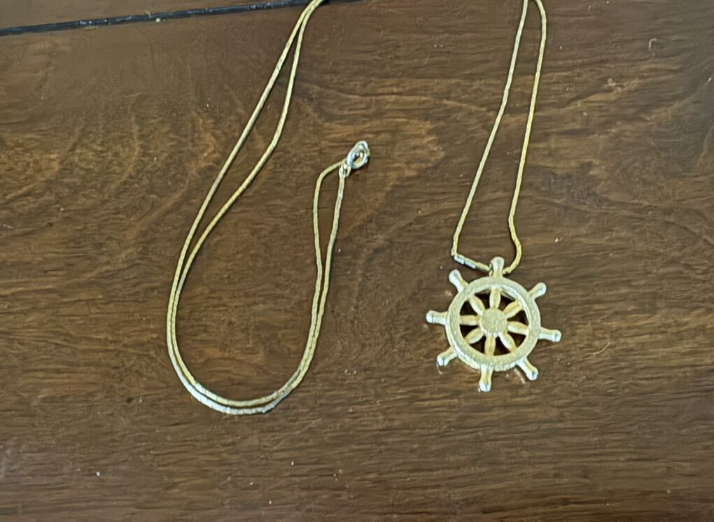 Nautical Ship Wheel Pendant On Long Necklace