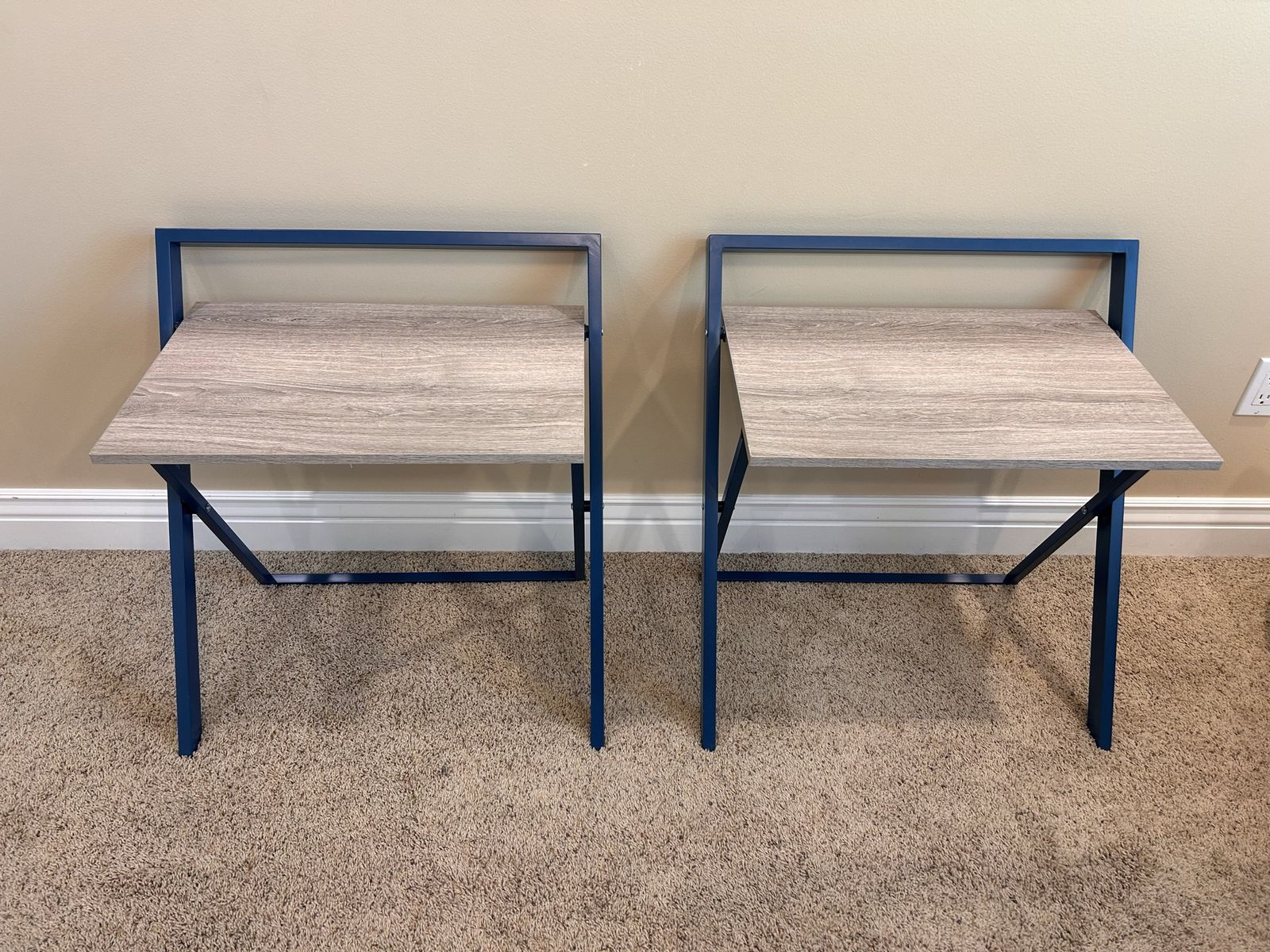 2x Folding Side Tables - Compact Blue Frame, Gray Wood Grain Top, Portable Office/Home Workstation Night Stands TV Tray