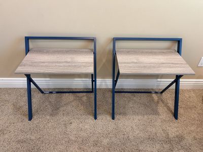 2x Folding Side Tables - Compact Blue Frame, Gray Wood Grain Top, Portable Office/Home Workstation Night Stands TV Tray