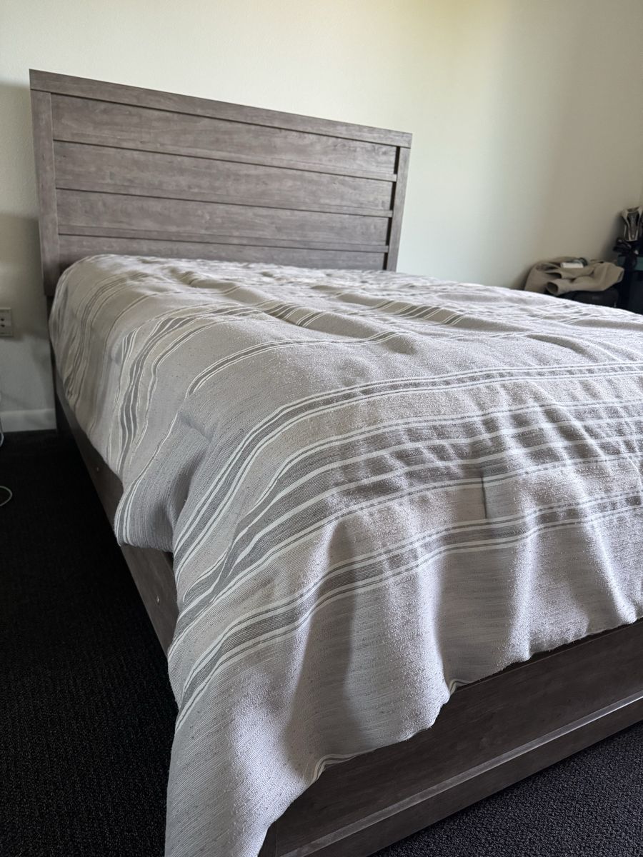 Queen Size Wooden Bed Frame - Gray/Brown Finish, Slat Headboard, Platform Style, with box spring.