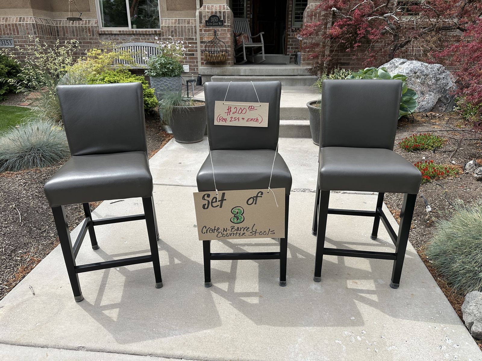 Crate & Barrel Gray Leather Counter Stools - Set of 3, Modern & Durable Design