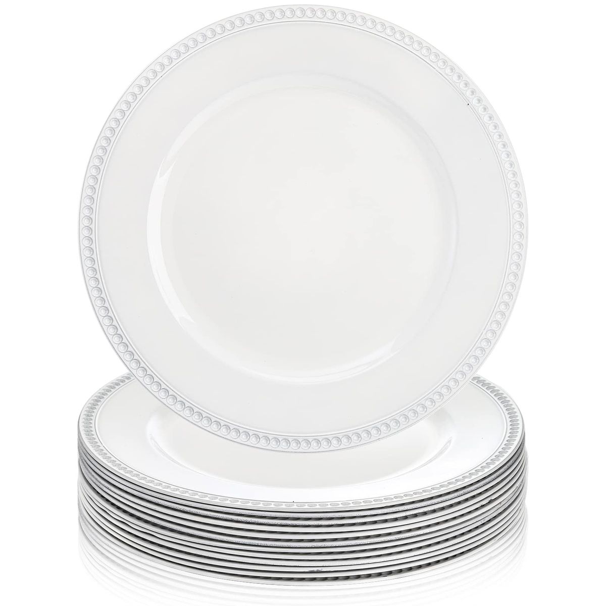 12-Pack reusable plastic, White Charger Plates - 13" Round Decorative Beaded Edge for Weddings & Events