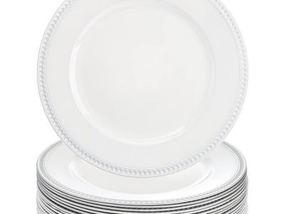 12-Pack reusable plastic, White Charger Plates - 13" Round Decorative Beaded Edge for Weddings & Events