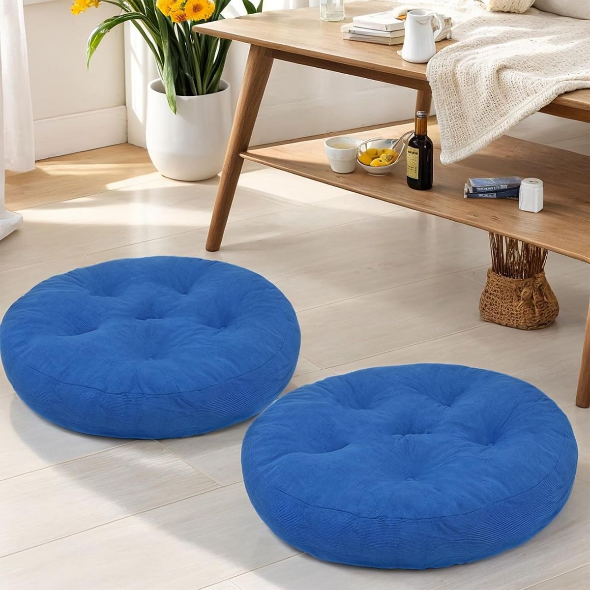 NEW 22x22 Meditation Floor Pillow Set of 2, Round Large Pillows, Tufted Corduroy Cushion, Blue