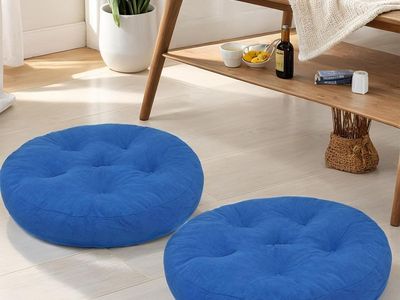 NEW 22x22 Meditation Floor Pillow Set of 2, Round Large Pillows, Tufted Corduroy Cushion, Blue