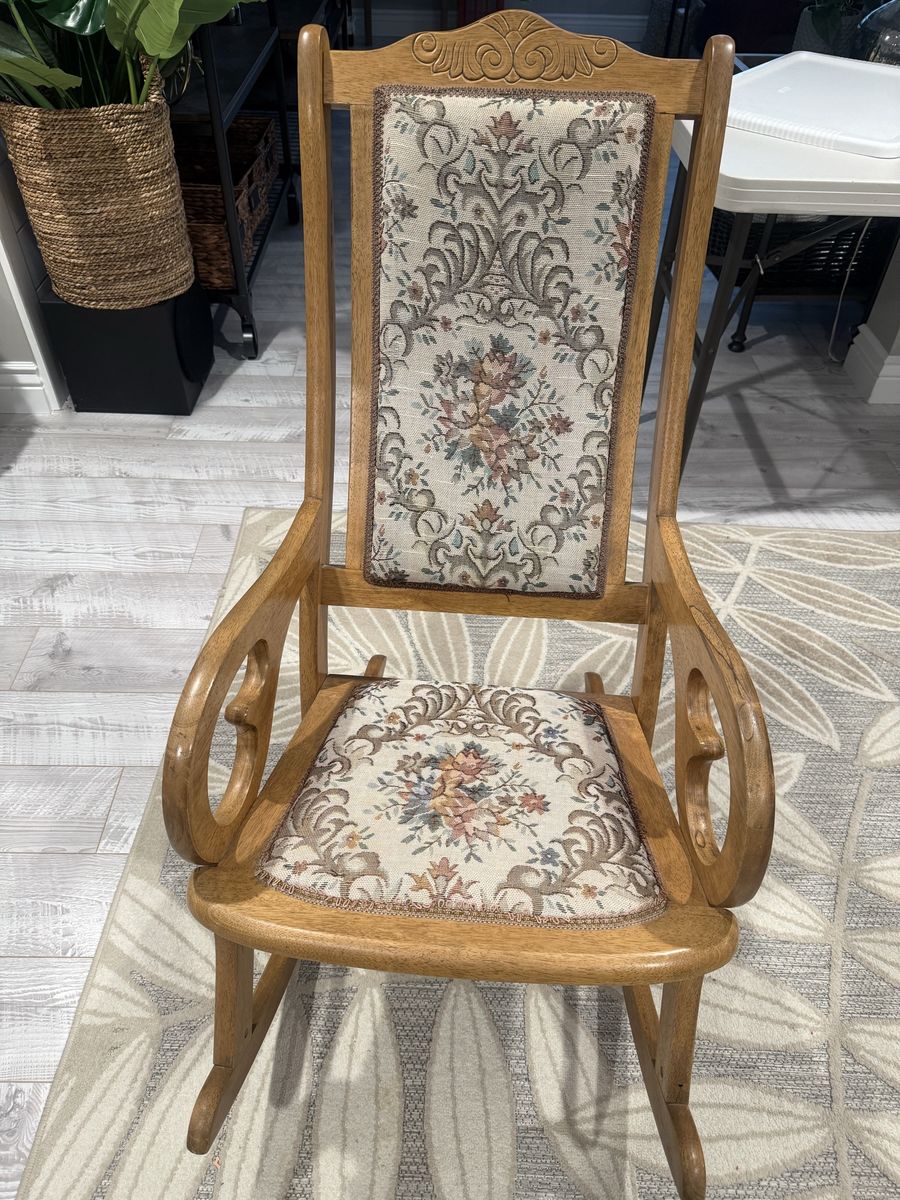 Vintage Wooden Rocking Chair with Upholstered Floral Cushions