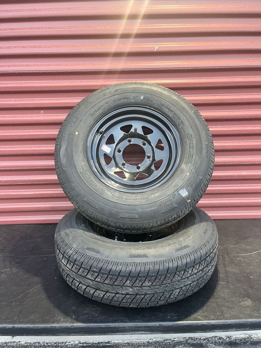 Set of 2 Rainier SR 225/75 R 15 Trailer Tires Mounted on New Black Spoke Wheels Heavy Duty 10 Ply E Load 6 Lug Pattern New