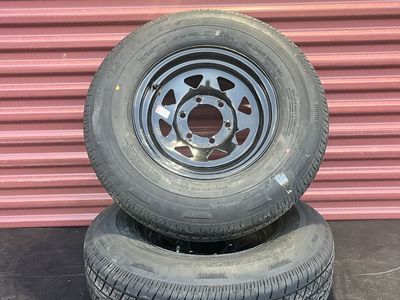 Set of 2 Rainier SR 225/75 R 15 Trailer Tires Mounted on New Black Spoke Wheels Heavy Duty 10 Ply E Load 6 Lug Pattern New