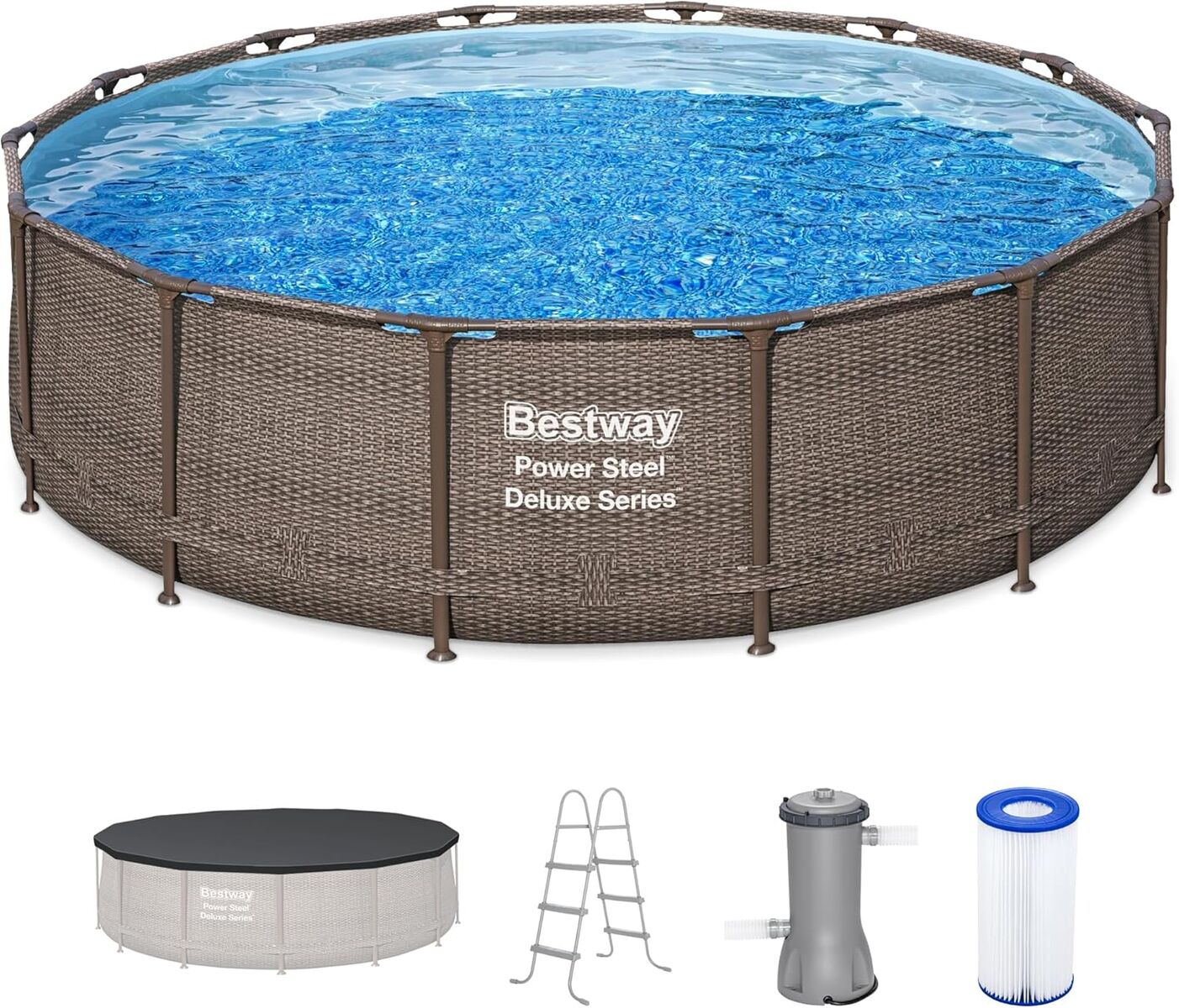 Bestway Power Steel 14’ x 42” Round Backyard Swimming Pool Set with 1,000 GPH Filter Pump, Ladder, and Pool Cover