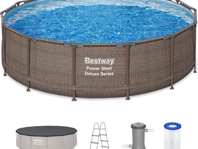 Bestway Power Steel 14’ x 42” Round Backyard Swimming Pool Set with 1,000 GPH Filter Pump, Ladder, and Pool Cover