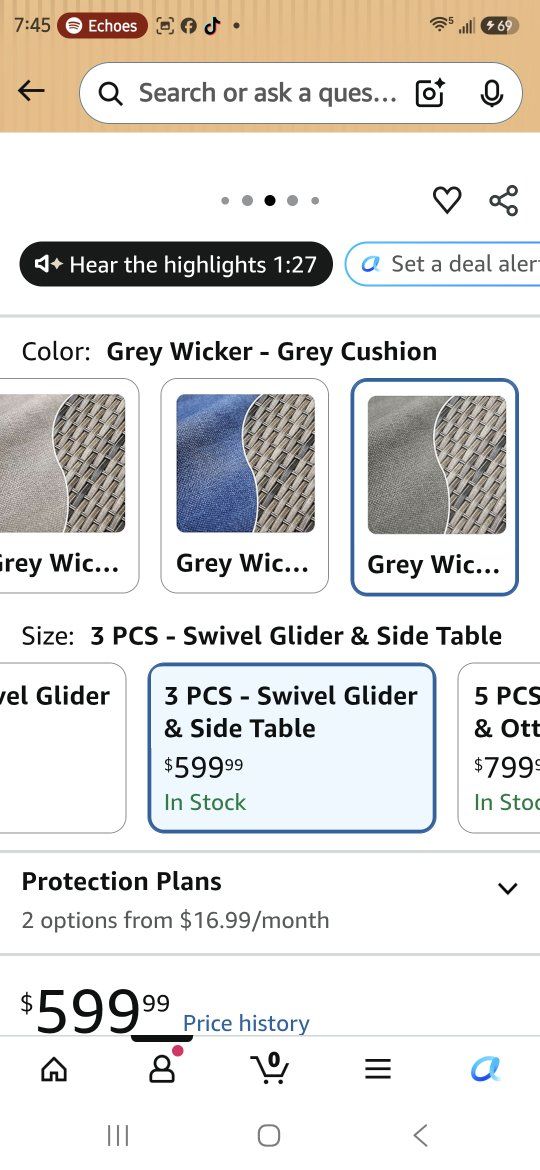 Belord Luxury 3-Piece Outdoor Swivel Rocker Patio Set, Grey Wicker, High Back, Side Table