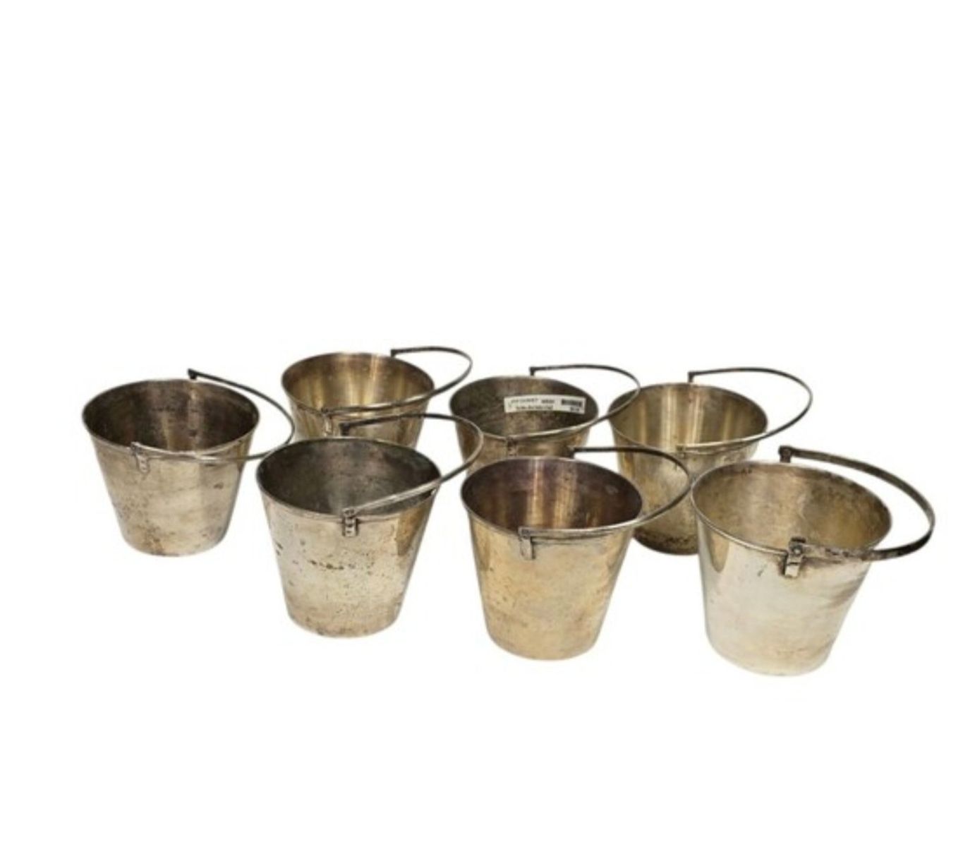 Set of 7 Rustic Silver Tone Metal Buckets w Handles Planters Wedding Event Decor