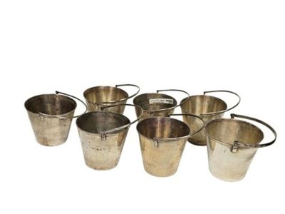 Set of 7 Rustic Silver Tone Metal Buckets w Handles Planters Wedding Event Decor