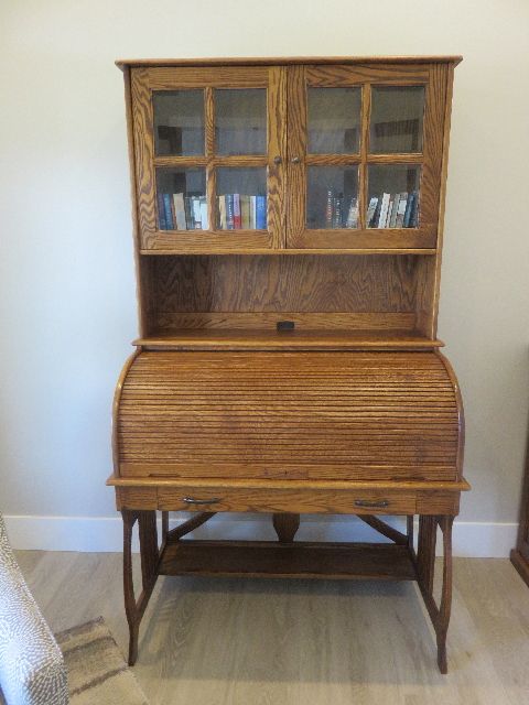 A CUSTOM HAND MADE SOLID OAK ROLLTOP DESK AND BOOKCASE SET CRAFTED BY THE WOOD REVIVAL DESK COMPANY IN RED OAK ANTIQUE FINISH