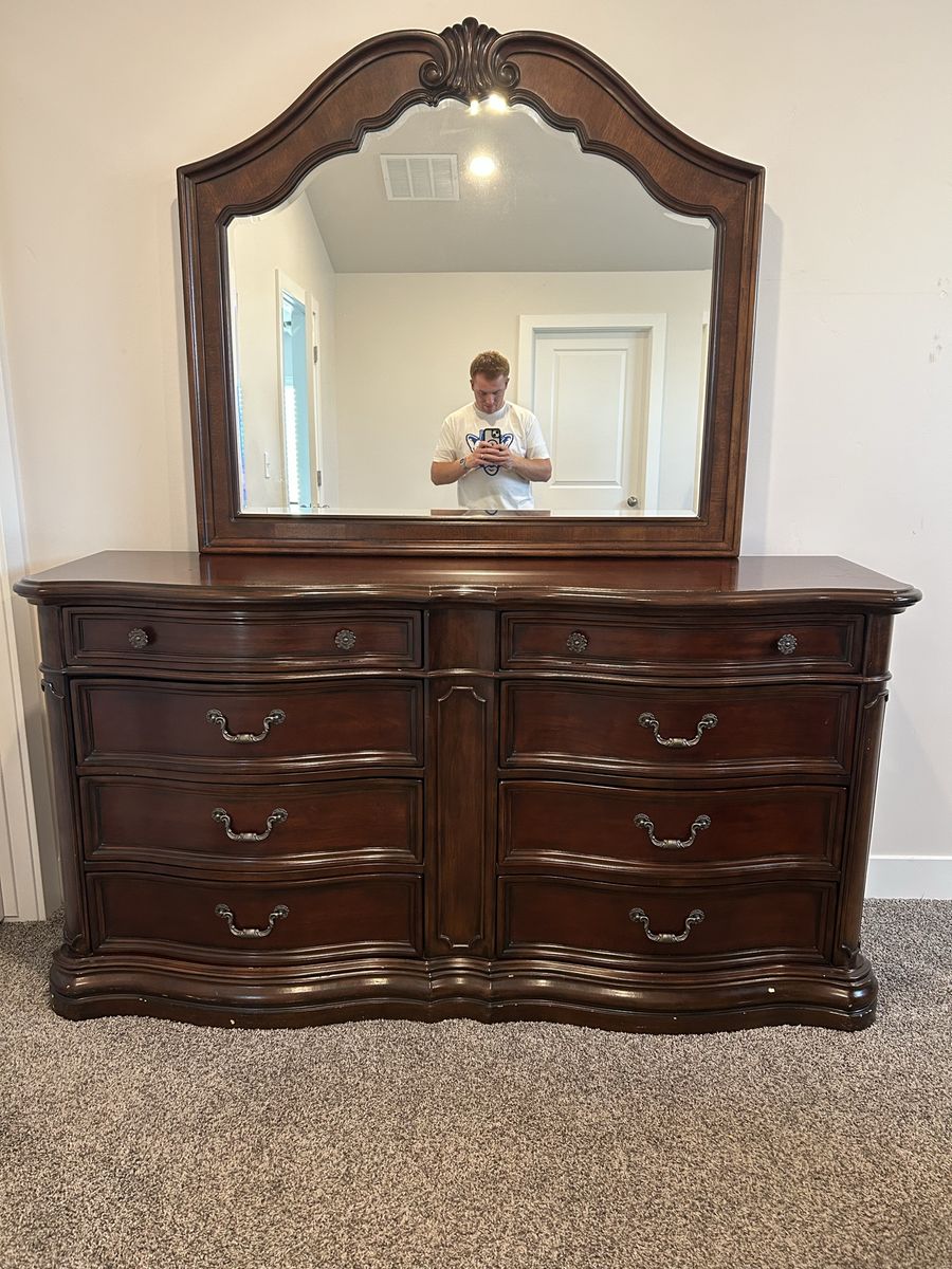 Used Dark Wood Dresser with Ornate Mirror - 6-Drawer Bedroom Furniture