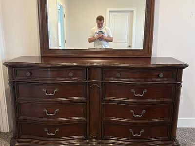 Used Dark Wood Dresser with Ornate Mirror - 6-Drawer Bedroom Furniture